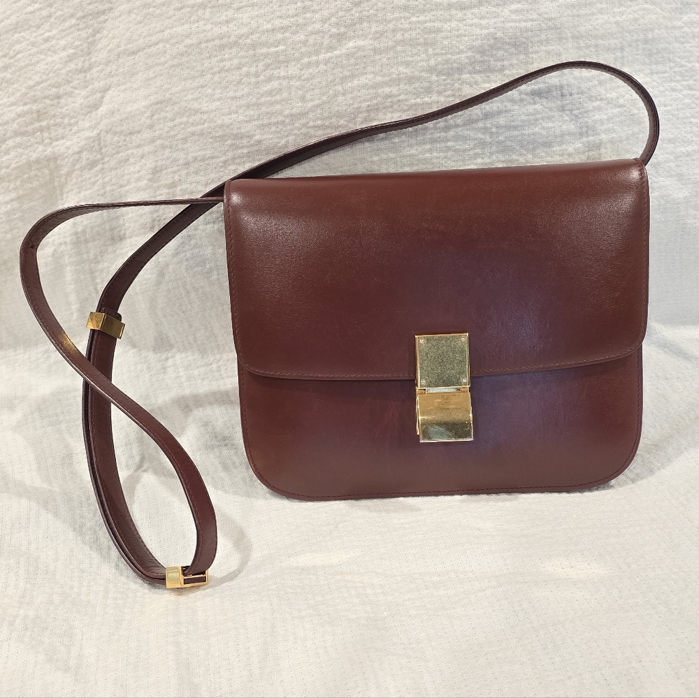 Celine Classic Box Leather Medium Bag Flap Purse Teen Triomphe Burgandy Brown